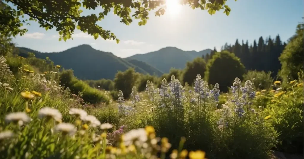 Beautiful flowers in the sun with mountains in the background