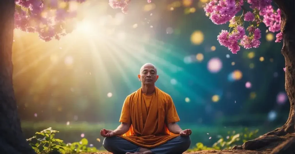 Buddhist in orange shirt meditating