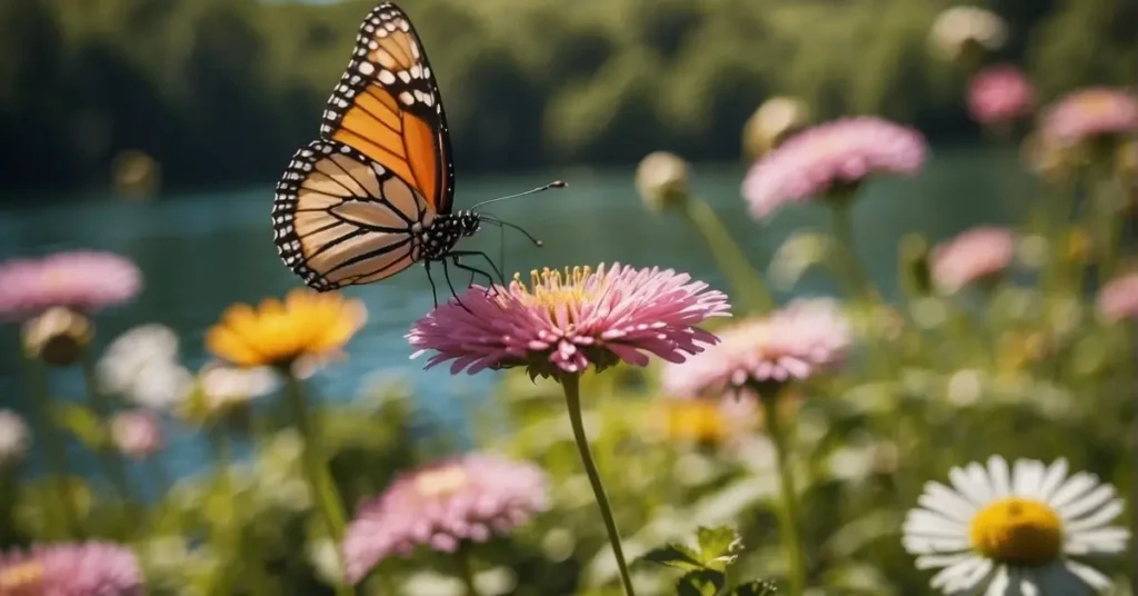 A serene landscape with a clear blue sky, lush greenery, and a tranquil body of water, surrounded by vibrant flowers and butterflies