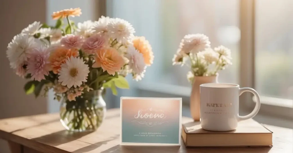 Flowers on Desk wit Pregnant Affirmation Cards
