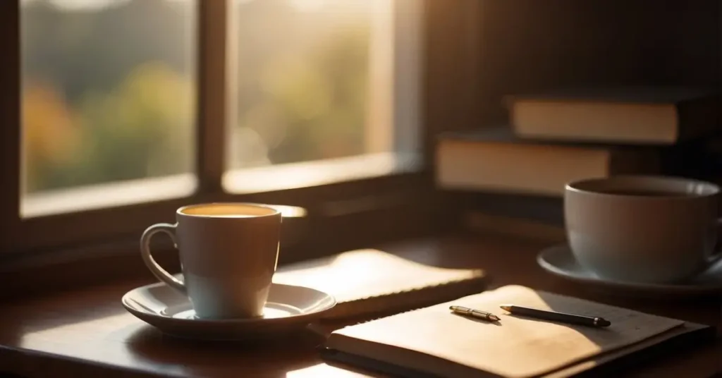 A cozy desk with a journal, pen, and a cup of tea. Sunlight streaming through a window, casting a warm glow on the scene