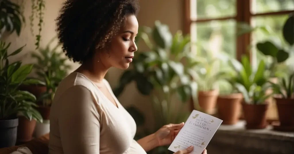 Pregnant Woman reading affirmation card