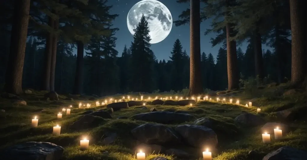 Full Moon in the woods with Candles