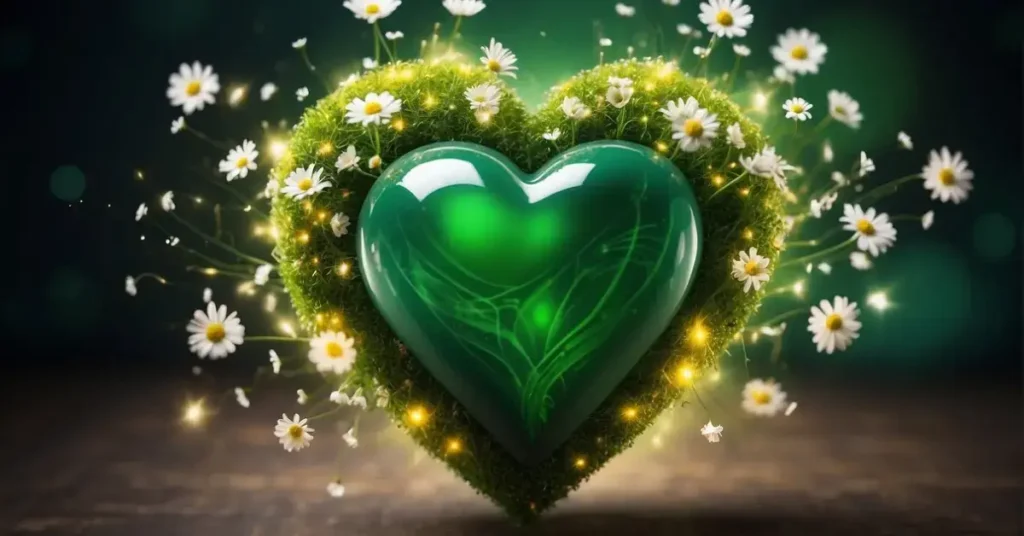 A glowing green heart radiates love and compassion, surrounded by swirling energy and vibrant flowers