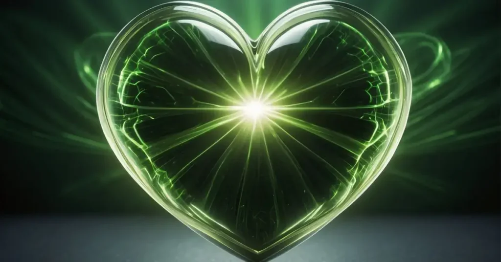 A glowing green heart surrounded by swirling energy, radiating love and compassion