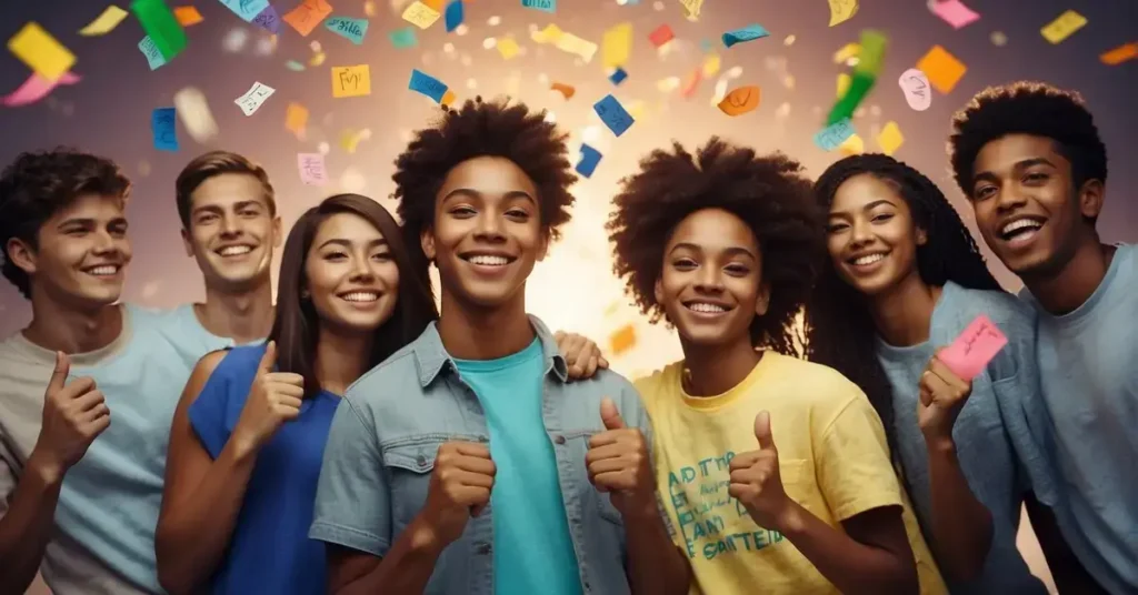 A group of colorful, uplifting words float above a diverse group of teenagers, surrounded by symbols of positivity and encouragement