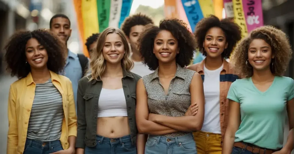 A group of diverse teenagers stand confidently, surrounded by positive affirmation