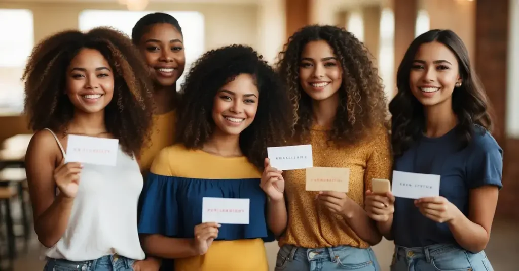 A group of diverse teens smiling and holding up positive affirmation cards.