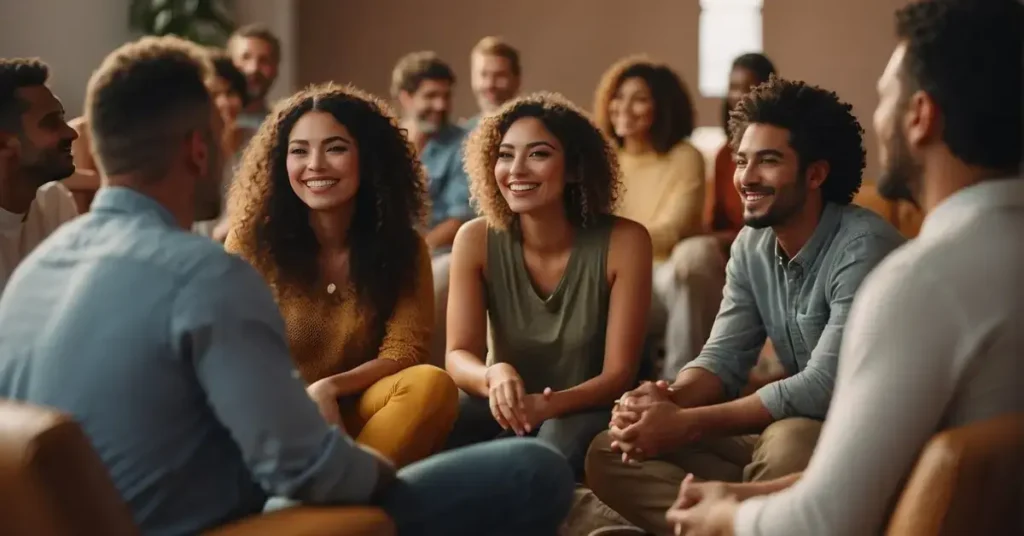 A group of people sitting in a circle, smiling and nodding as they listen to positive affirmations being shared. Bright, warm colors fill the room, creating a sense of comfort and positivity