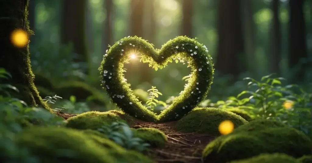 A lush green forest with a glowing heart-shaped center, surrounded by swirling energy and vibrant flowers, radiating love and compassion