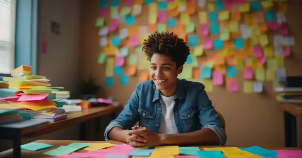 A teenager sits at a desk, surrounded by colorful affirmations on sticky notes. 