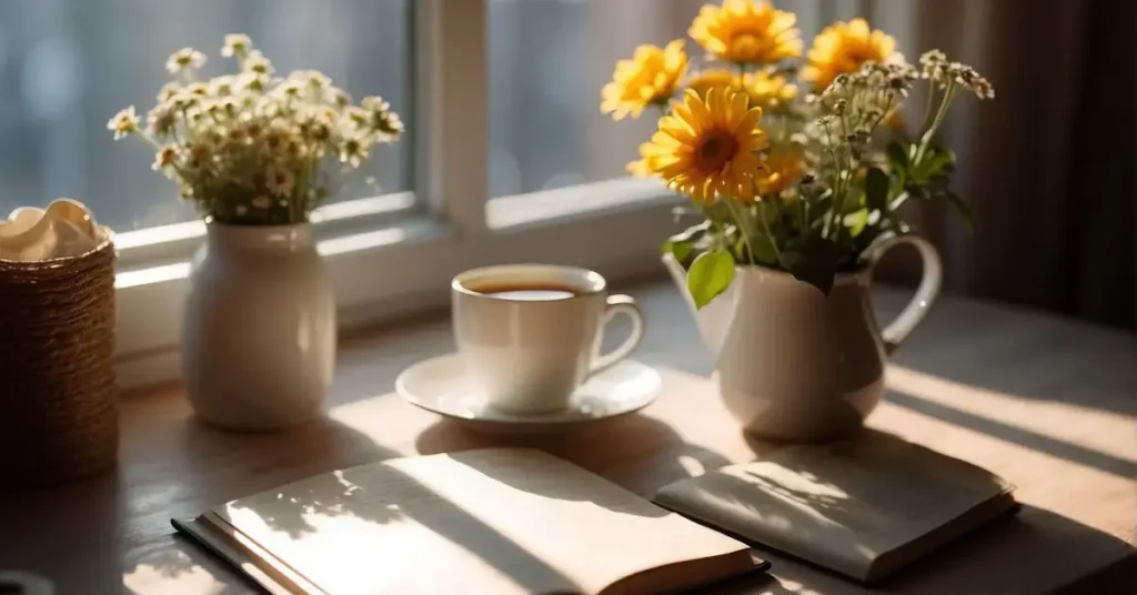 A cozy corner with a journal, pen, and a cup of tea. Sunlight streams in through a window, casting a warm glow on the scene. A vase of fresh flowers adds a touch of natural beauty