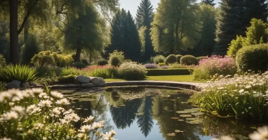 A serene garden with blooming flowers and a peaceful pond, surrounded by tall trees and a clear blue sky