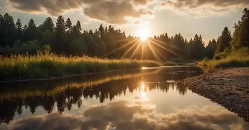 A peaceful scene of a serene natural setting with sun rays breaking through the clouds, symbolizing positivity and hope for the future