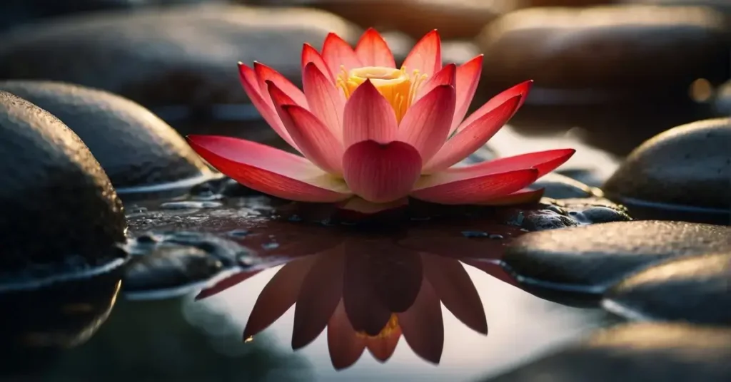 A glowing red lotus flower surrounded by grounding elements like rocks, earth, and tree roots, with the words "I am safe and secure" written in bold letters