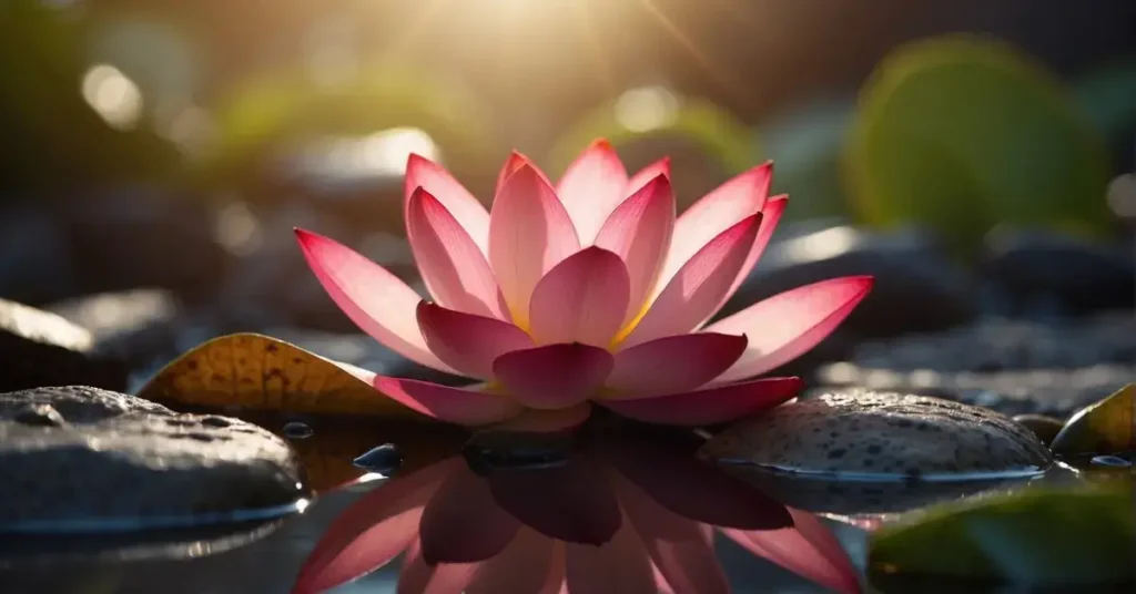 A glowing red lotus flower surrounded by grounding elements like rocks and earth, with the words "I am secure and grounded" written in bold letters