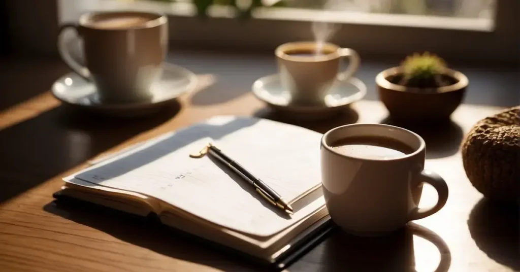 A desk with a neatly arranged planner, a cup of coffee, and a stack of positive friday affirmations. Sunlight streams through the window, casting a warm glow on the scene