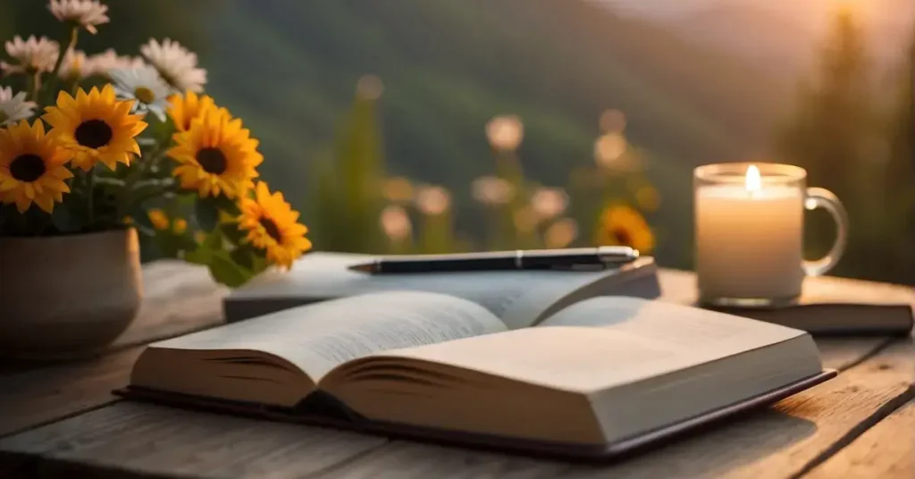 A serene setting with a journal, pen, and nature elements like flowers or a sunset, to represent the practice of integrating gratitude affirmations into daily routines