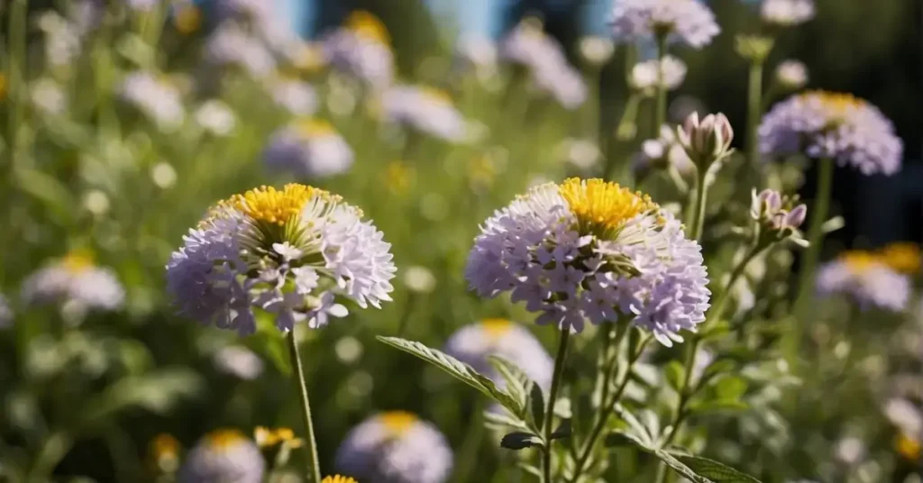 A vibrant garden with blooming flowers and a clear blue sky, with a gentle breeze carrying the scent of fresh herbs and the sound of birds chirping