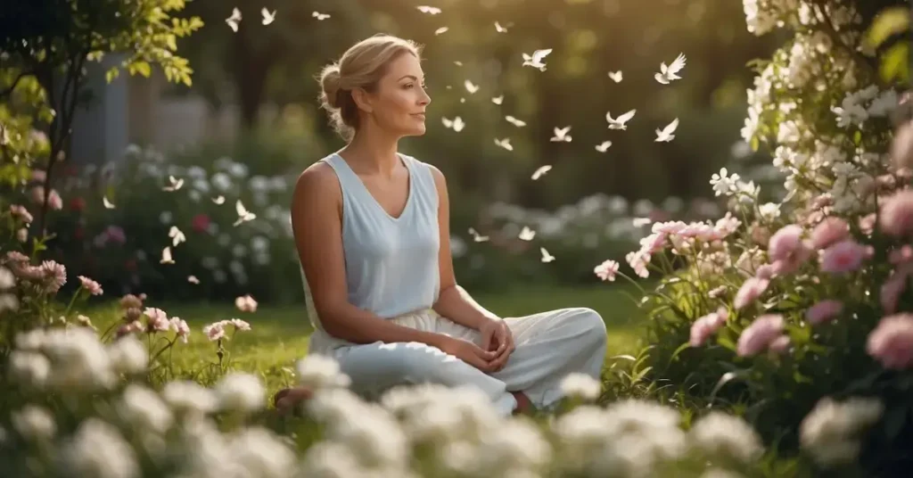 A person sitting in a peaceful garden, surrounded by blooming flowers and chirping birds, with a serene expression on their face, as they recite gratitude affirmations