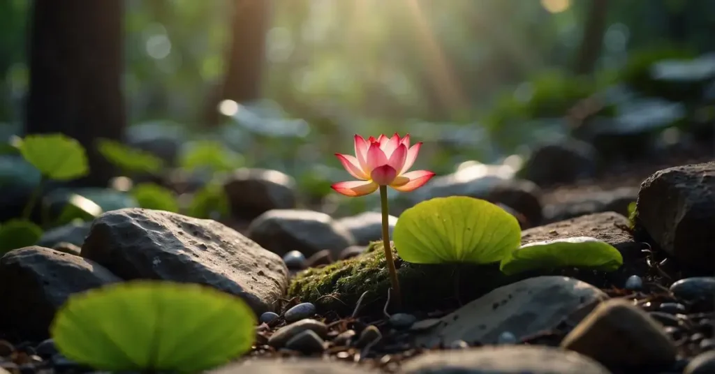 A glowing red lotus flower emanates from the base of a tree, surrounded by grounding elements like rocks and earth