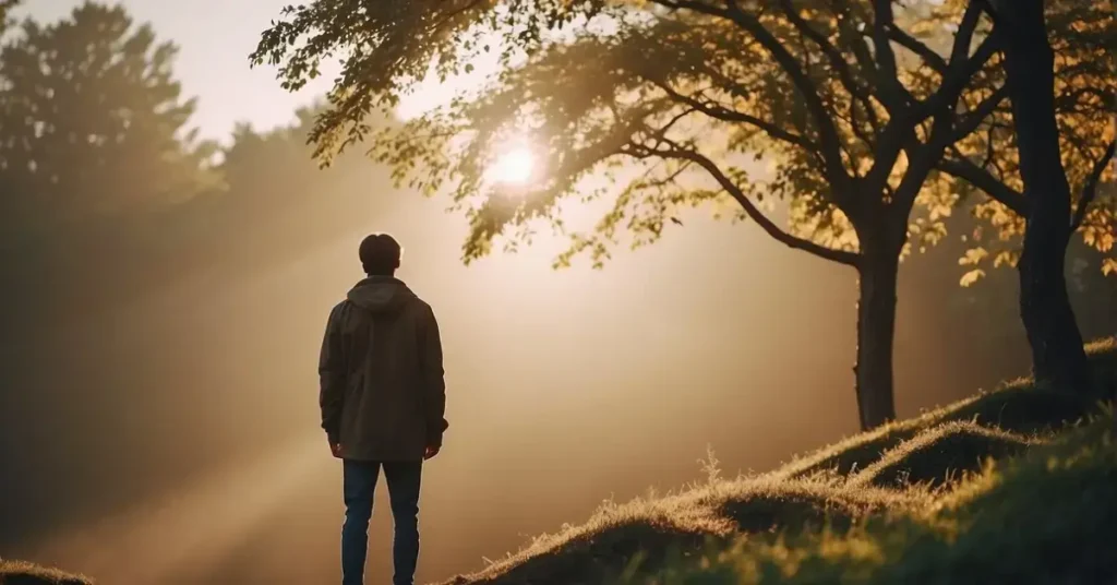 A figure stands in a peaceful natural setting, surrounded by soft light and gentle colors, with a sense of calm and self-acceptance 