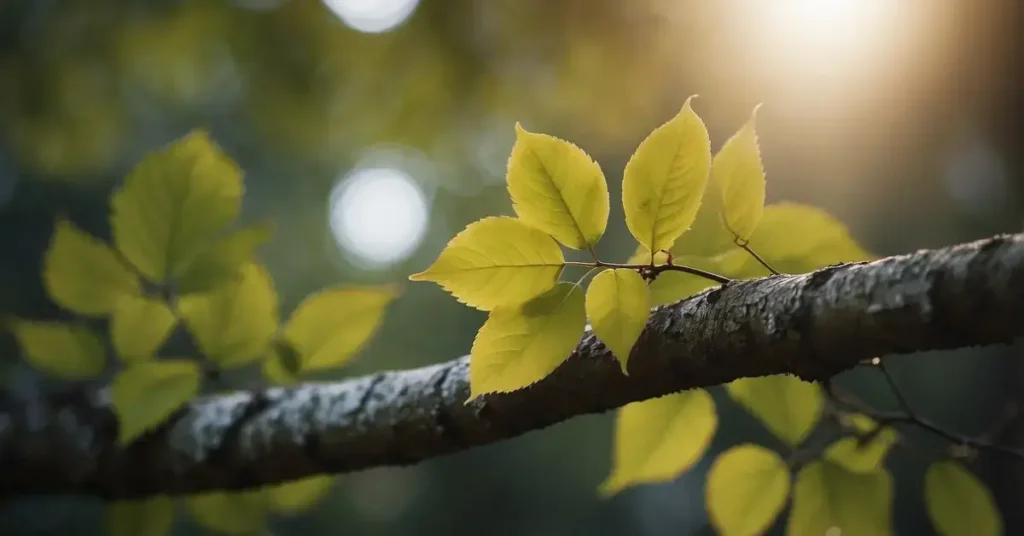 A serene landscape with a calm, reflective atmosphere. A gentle breeze rustles the leaves of a forgiving tree, symbolizing self-forgiveness