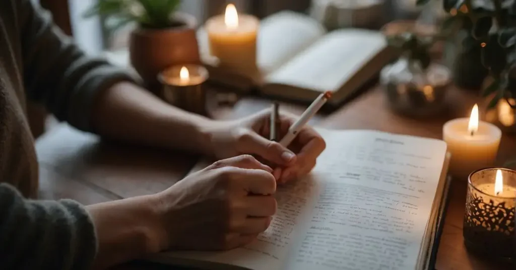 A serene setting with a person surrounded by calming elements like candles, plants, and a cozy blanket, while writing positive affirmations in a journal