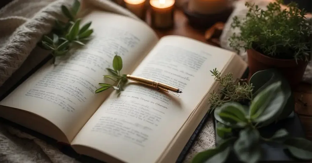 A serene setting with calming elements like candles, plants, and a cozy blanket. A journal and pen sit nearby, with a book of affirmations open to a page with positive, empowering words