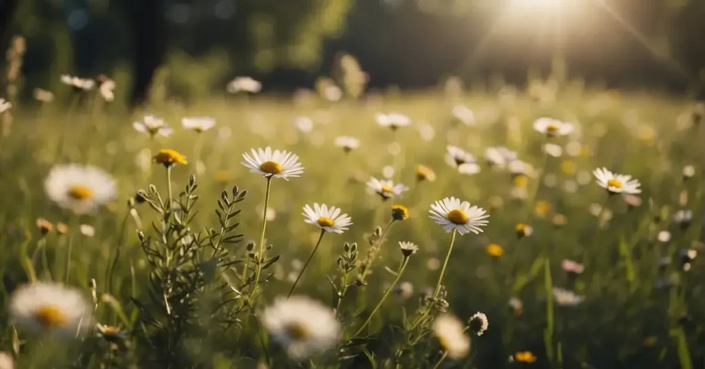 A serene, sunlit meadow with a gentle breeze, surrounded by tall trees and colorful flowers, creating a peaceful and forgiving atmosphere