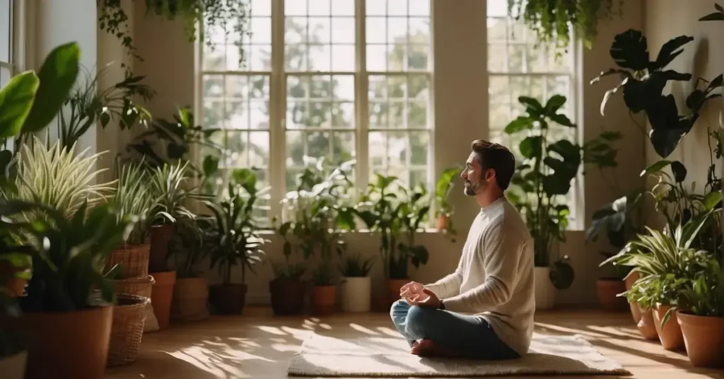 A serene, sunlit room with plants and soothing decor. A person sits in meditation, surrounded by self-care affirmations on the walls