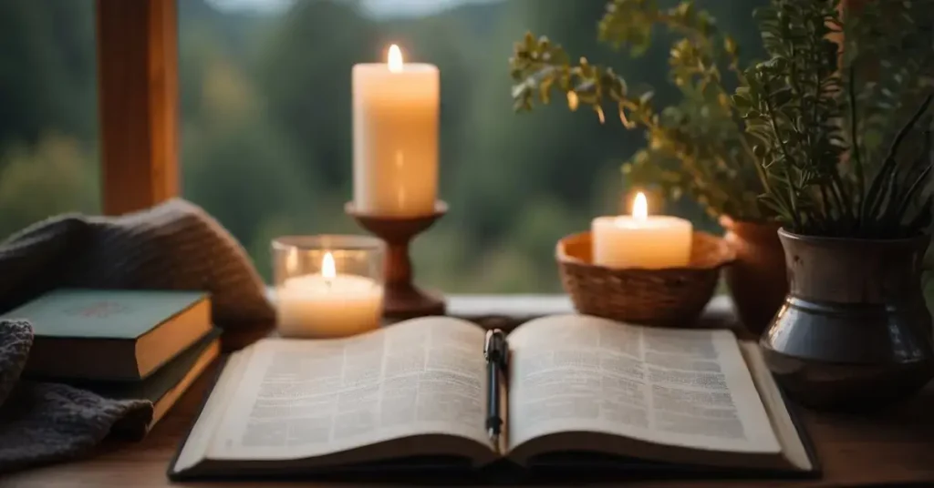 A serene setting with soft lighting, surrounded by nature. A cozy space with comforting elements like blankets, pillows, and candles. A journal and pen sit nearby, ready for reflection and affirmations