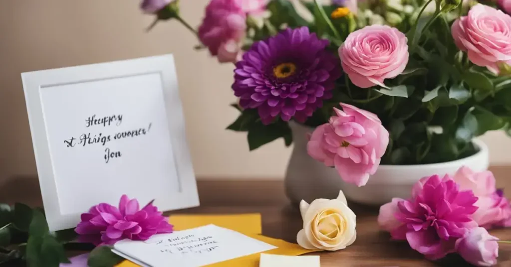 A colorful bouquet of flowers with a note attached, a stack of uplifting cards, and a framed quote on a desk