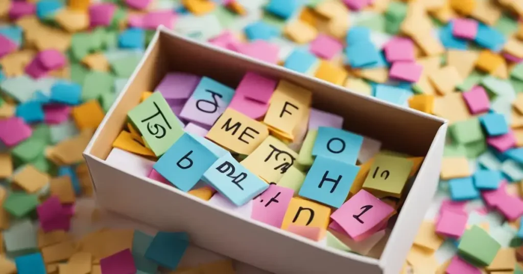 A gift box with "Words of Affirmation" written on it, surrounded by colorful, uplifting words floating in the air