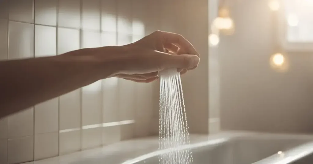 A hand reaches for a stack of shower affirmation cards on a bathroom shelf. A steaming shower fills the background