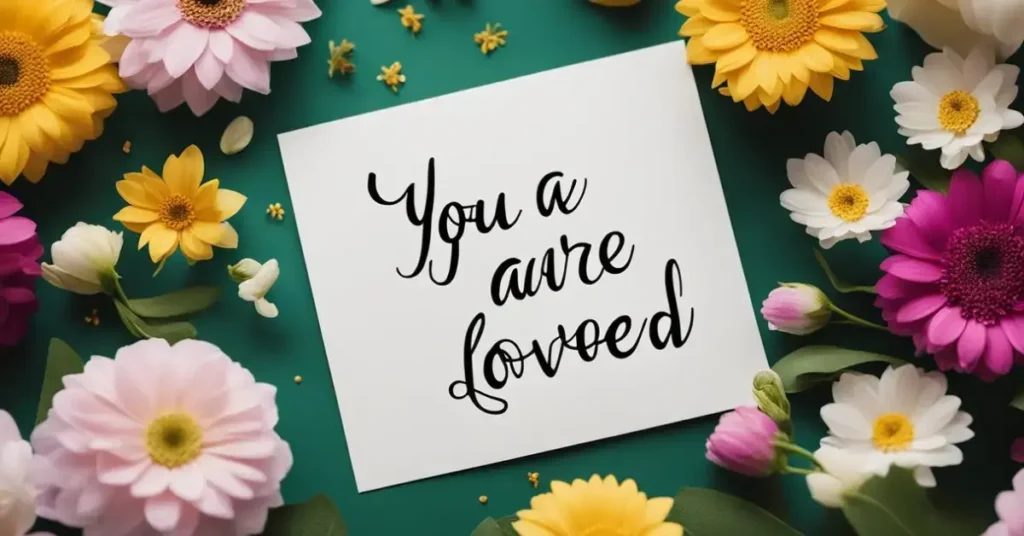 A handcrafted card with "You are loved" in elegant script, surrounded by vibrant flowers and uplifting quotes