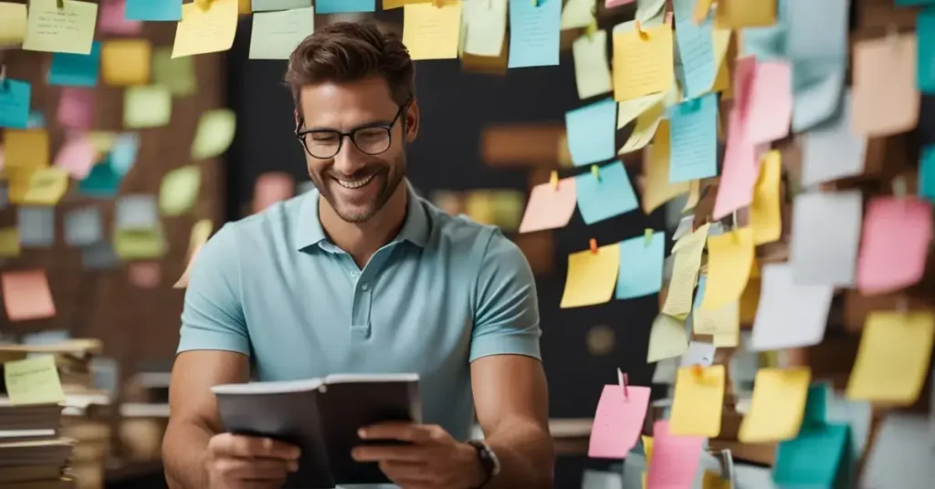 A man reading a note with a smile, surrounded by supportive words on sticky notes and posters