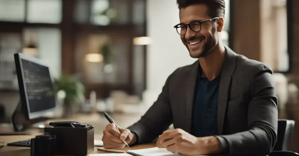 A man sits at a desk, pen in hand, writing words of affirmations for a man on a piece of paper. A warm, genuine smile lights up his face as he carefully chooses each word