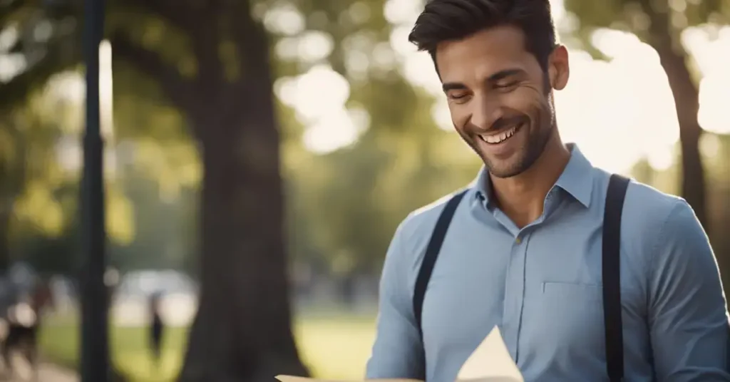 A man smiles as he reads a heartfelt note. His eyes light up with appreciation and his posture relaxes with a sense of validation