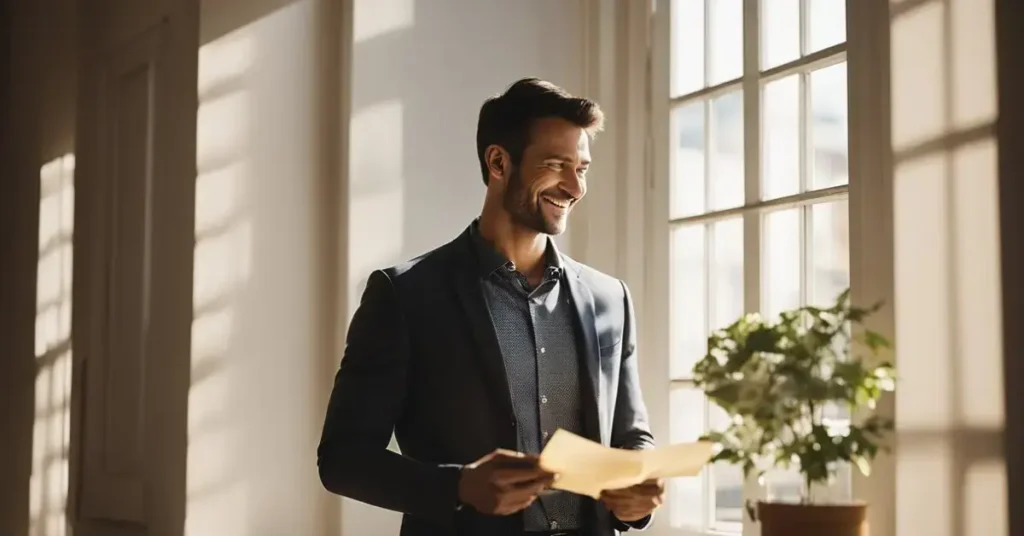 A man stands tall, smiling as he reads a note of affirmation. Sunlight streams through a window, casting a warm glow on the words