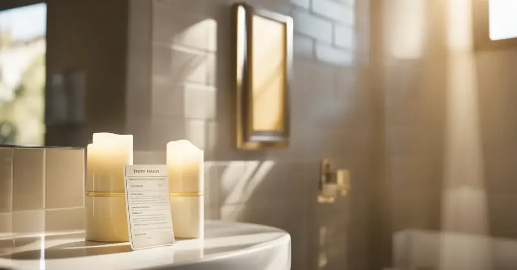 A serene bathroom with shower affirmation cards displayed on the wall. Rays of sunlight streaming in through a window, casting a warm glow on the cards