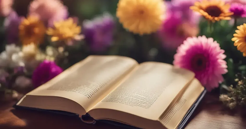 A book with "Words of Affirmation" on the cover sits open on a table, surrounded by colorful flowers and a warm, inviting light