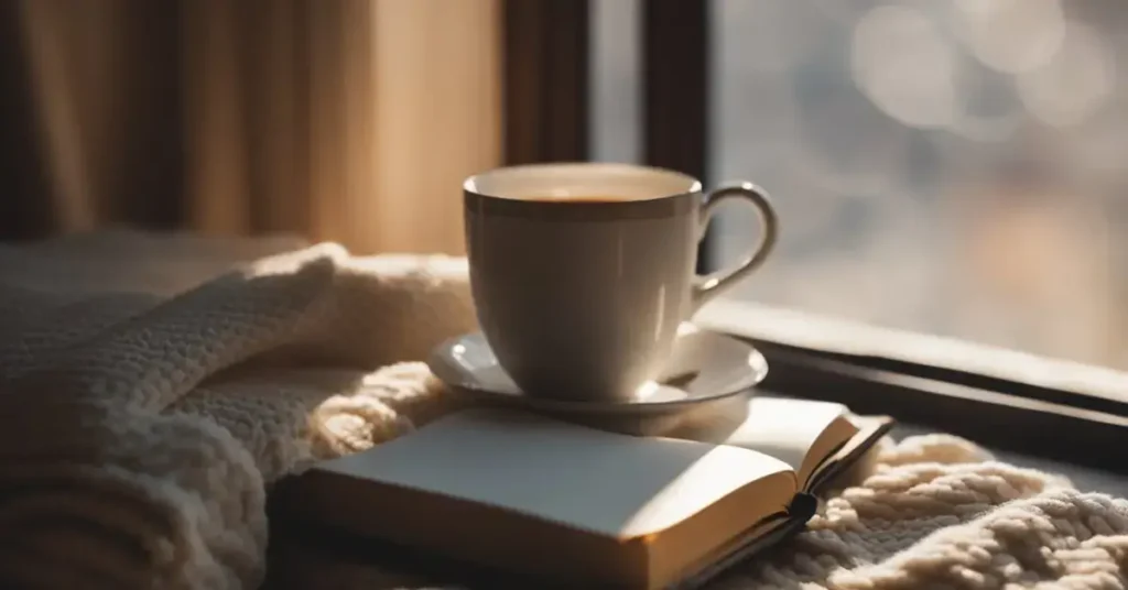 A book lies open on a cozy reading nook, surrounded by a warm cup of tea and a soft blanket. The sunlight streams in through the window, casting a comforting glow on the pages