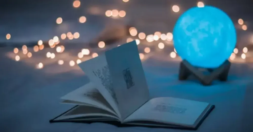 Book with cozy blue light
