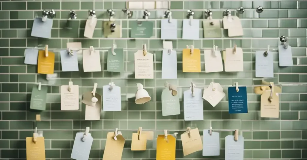 Various affirmation cards displayed in a shower setting. Water droplets glisten on the cards, with a serene background of tiles and a showerhead